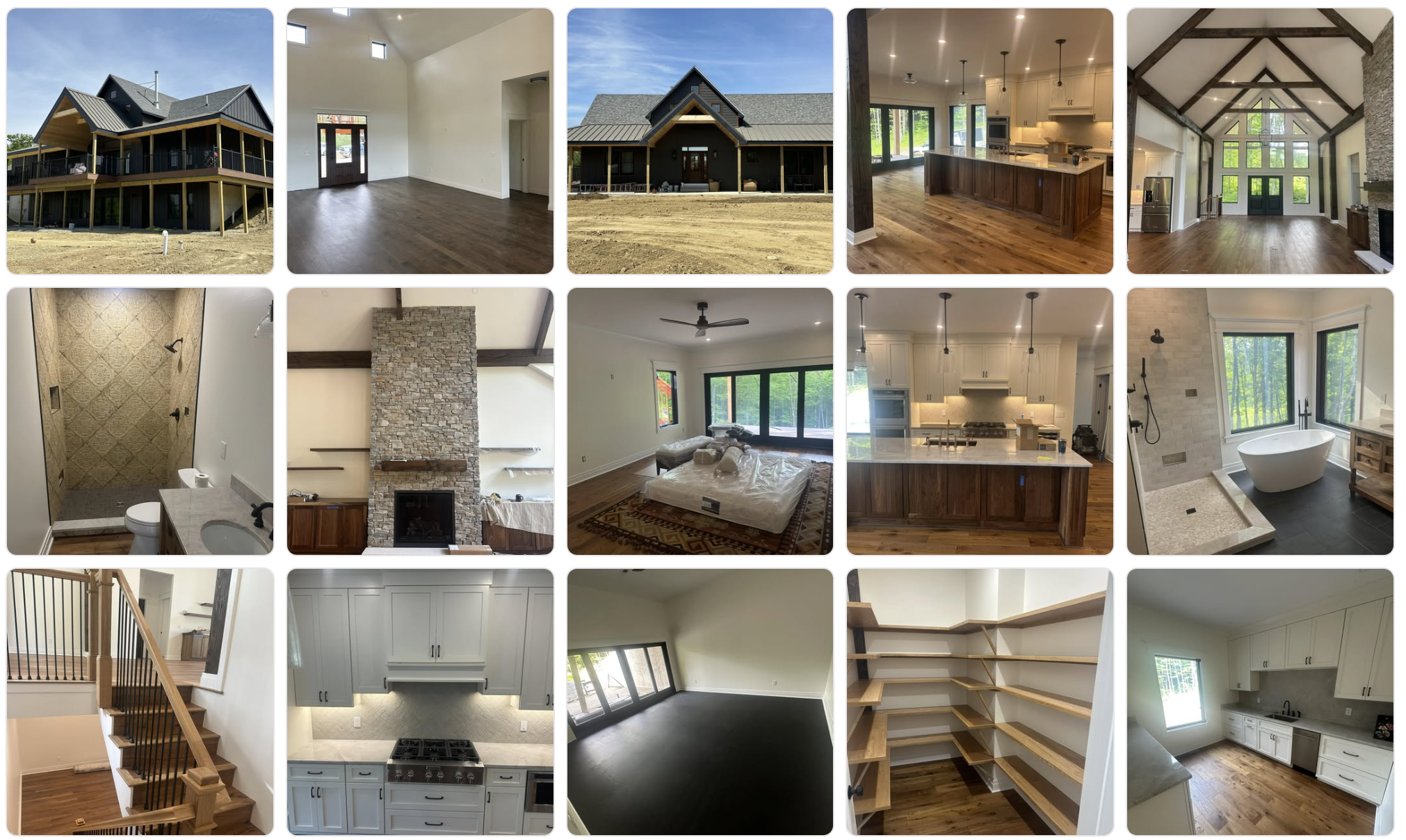 Custom home interior — kitchen cabinetry, open living areas, stone fireplace, and bathroom tile work