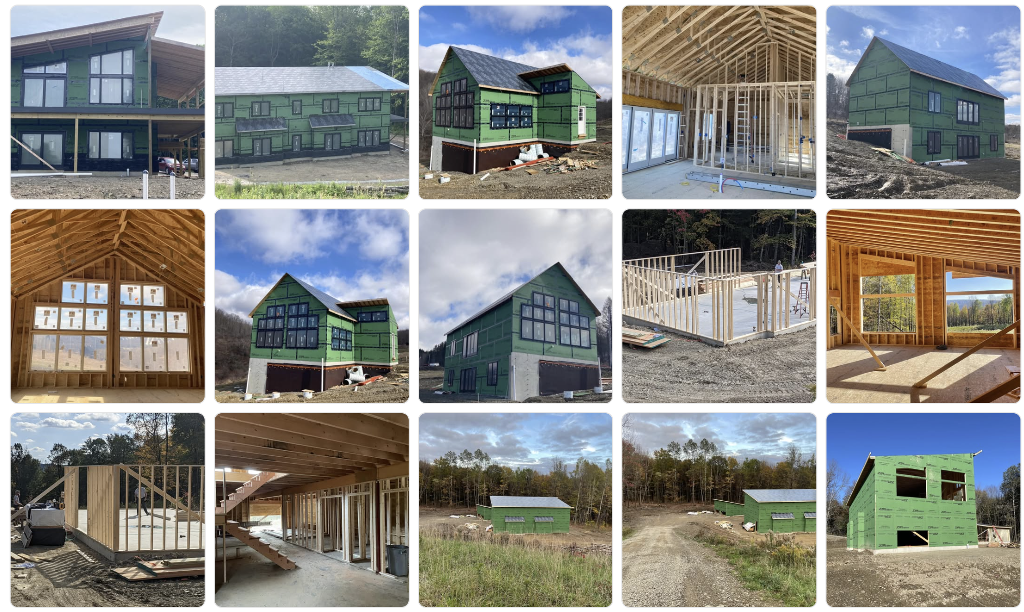Completed home exterior and interior — living spaces, bedrooms, staircases, and exterior siding